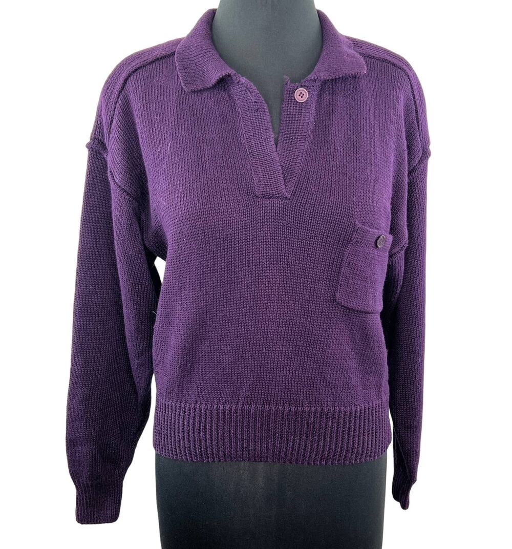 VINTAGE 80s GAP Purple Long Sleeve Split Neck Collared Pocket Sweater S NEW